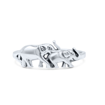 Classic Elephant With Baby Good Luck Trunk Up Zoo Animal Designer Oxidized Finish Animal Fashion Band Thumb Ring